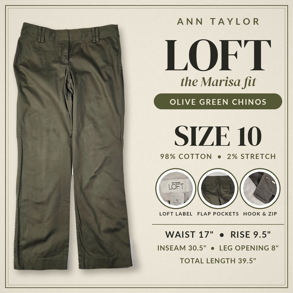Ann Taylor LOFT Marisa Fit Olive Green Chino Pants Size 10 Straight Leg Stretch
